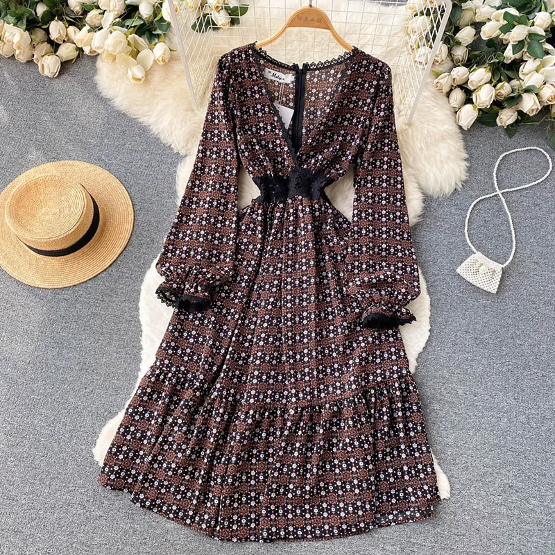 Nieuwe Zomer Bloemen Gedrukt Bohemian Jurken Vrouwen Vintage V-hals Zonnejurk Mid-Lengte Party Dress Lady Slim Lange Mouwen vestidos