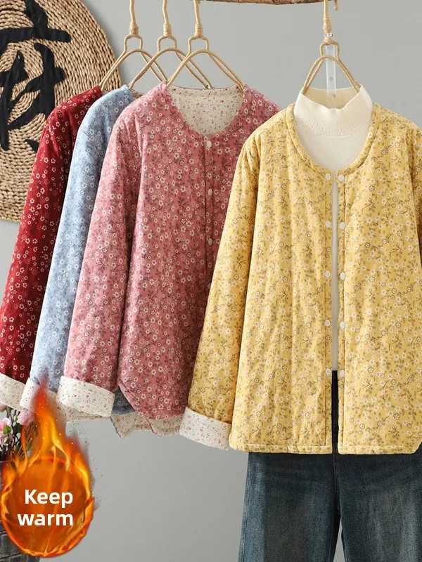 

Хлопковая куртка с цветочным принтом в стиле ретро, женская свободная осенне-зимняя верхняя одежда на пуговицах спереди, теплое хлопковое стеганое пальто, круглое Ne