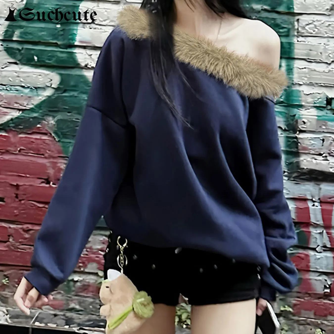 SUCHCUTE Slash Neck Patchwork Fur Trim Sweatshirt Long Sleeve Pullovers Y2k Streetwear 90s Women Tops 2024 Autumn Winter Clothes