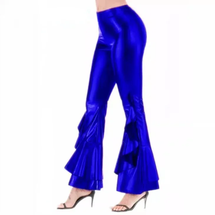 Sexy Women Costumes PU Leather Metallic Flare Pants Shiny Girls Elastic Waist Bell Bottom Trousers Clubwear Carnival Disco Party