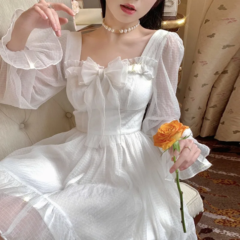 French Fairy Bow Mesh Princess Dress Spring Summer Flare Sleeve Sheer Waisted A-line Ruffled Midi Dresses Party Vestido