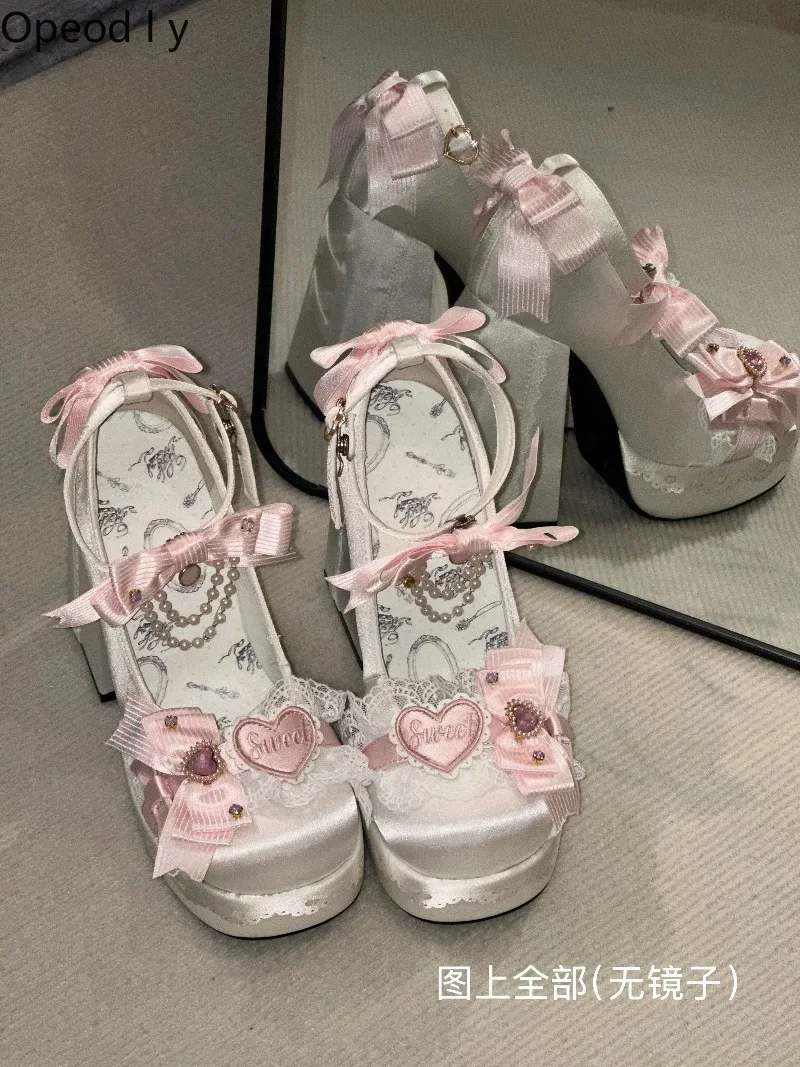 Lolita Original Thick Heel Waterproof Table Imported Ribbon Bow Cherry Blossom High Heels Womens Kawaii Princess Mary Jane Shoes