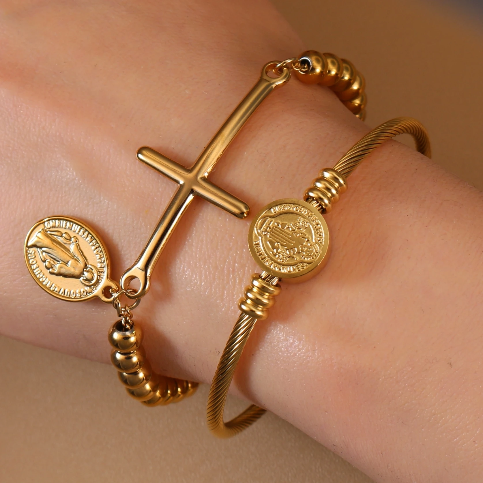 Cross Jesus Beaded Bracelet 18 K Gold Plated Stainless Steel Bangle Women's jewelry Wholesale Gift Accessory