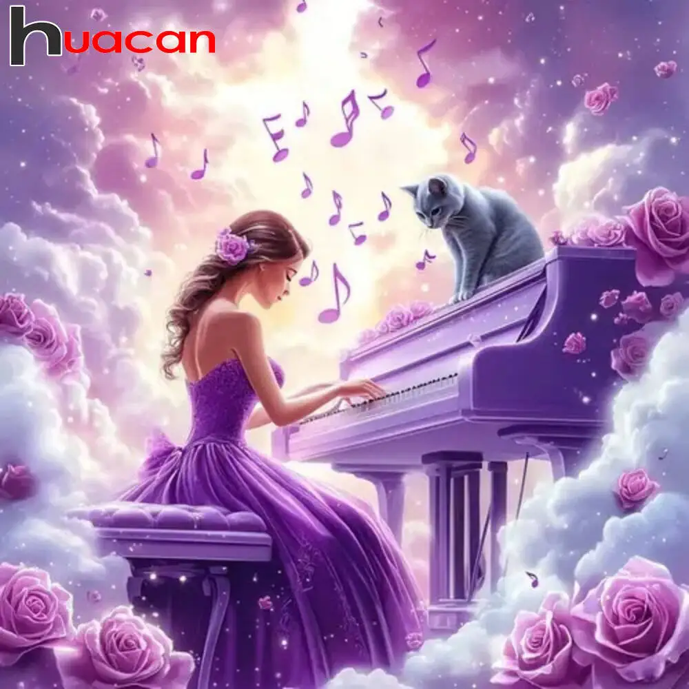 Huacan Diy Diamond Painting Arts Woman And Cat Full Round Square Drills Mosaic Home Living Room Art Craft