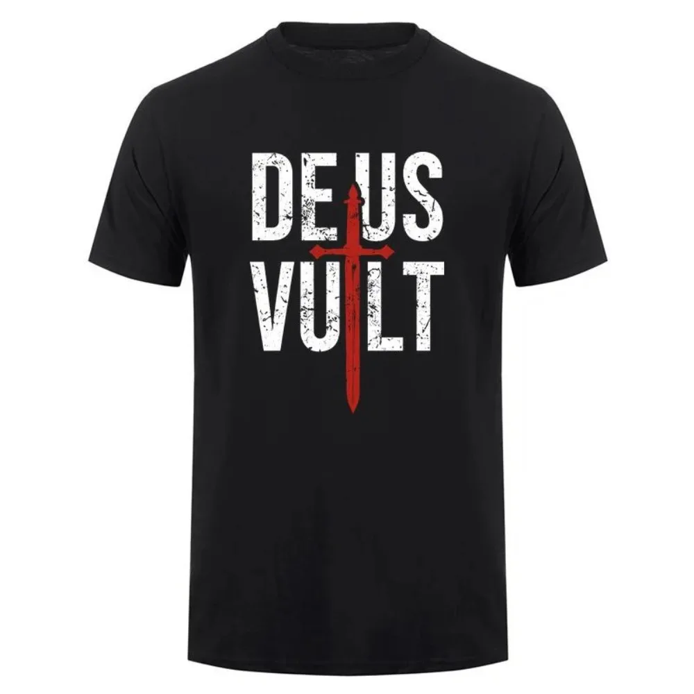 2026 Summer Deus Vult T Shirt God Wills It Crusader Cross Medieval Knight Religious Breathable Casual T-shirts Tees DA-158