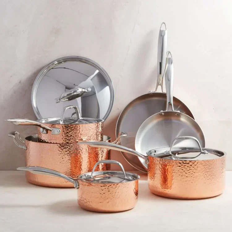 High Quality Hammered Triply Stainless Steel Cooper Cookware Set with Riveted Handle in Golden Color