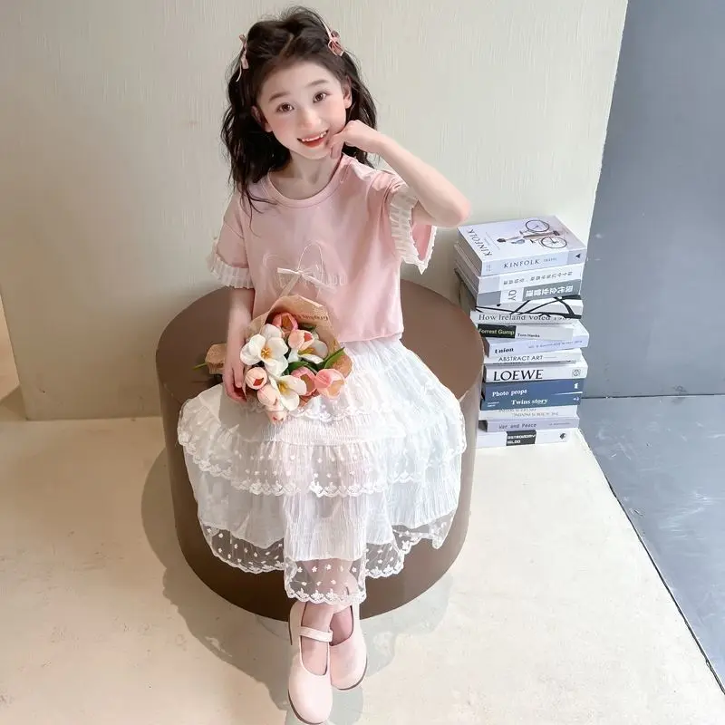 2026 Spring Girls' Korean Style Stylish Lace Tutu Tiered Mid Length Dress Child's Embellished Crossover Party Wear Comfortable
