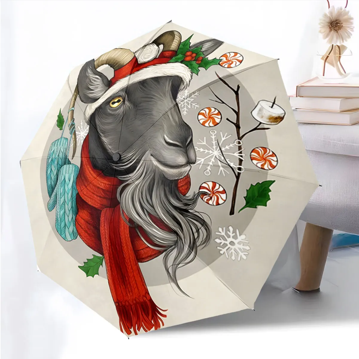 1PC Festive Goat Umbrella with Winter Accessories Print 8 Iron Ribs Folding Umbrella Auto-Open Fashion Sunshade