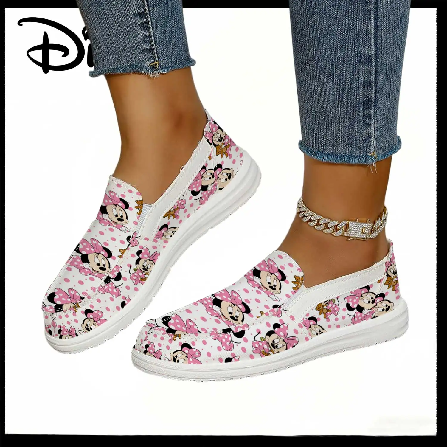 

Disney Minnie Mouse Polka Dot Print White-Pink Slip-On Sneakers – Comfortable Casual Shoes for Women
