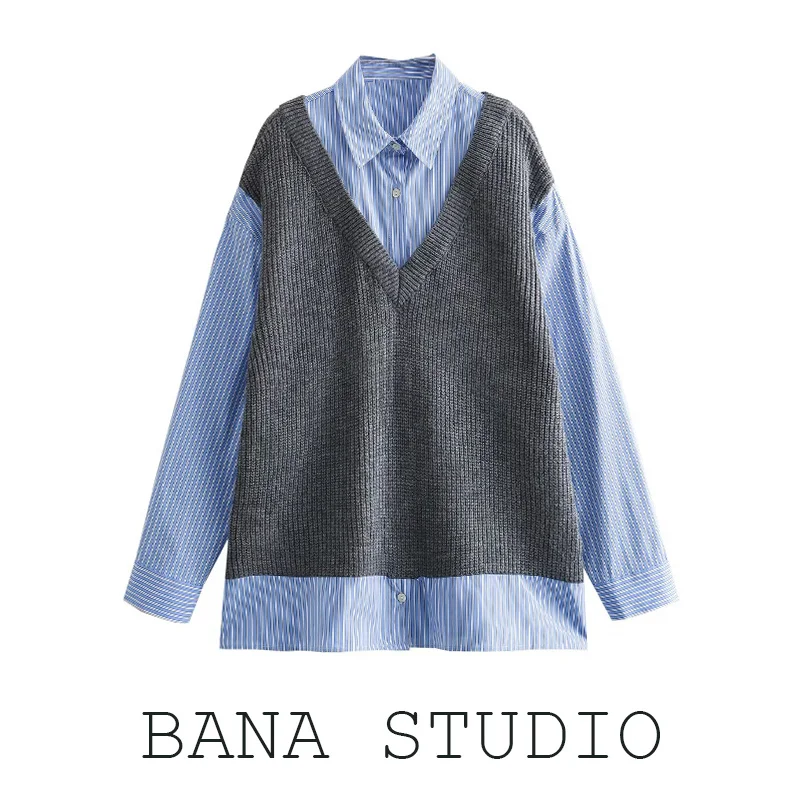 

BANAZA Loose Large Size Knitted Sweater Women's Outerwear Stripe Pattern Autumn Winter Mid-Length Casual Sle Long Sve