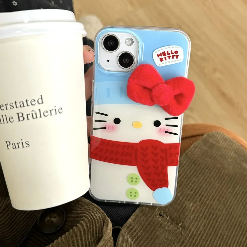 

Cartoon Cute 3D Red Bow Snowman Hello Kitty Phone Case for IPhone 16 15 14 13 12 11 Pro Max Anti-fall Back Cover Y2k Girl Gift