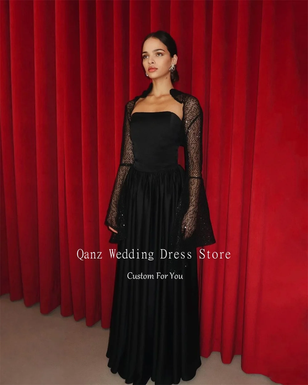 Qanz Arabia Evening Dresses with Jacket Long Sleeves Black Robe De Soirée Luxe élégante Customized A Line Satin Formal Occasion