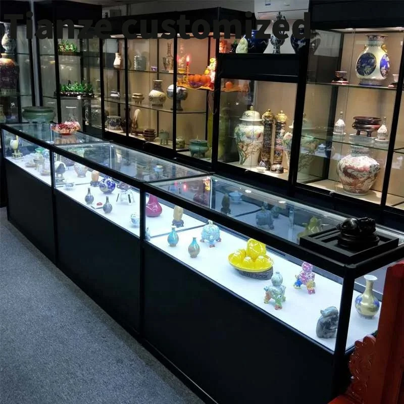 Customized-Black Aluminum Jewellery Showcase Wooden Lockable Display Cabinet Tabletop Aluminium Profile Showcase