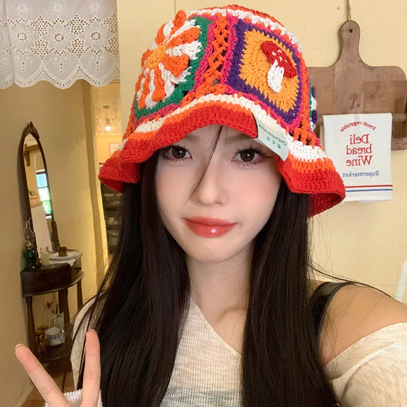 Handmade Crochet Bucket Hat Women Autumn Winter Flower Knit Beanies INS Korean Casual Beanies Panama Cap Fisherman Hat