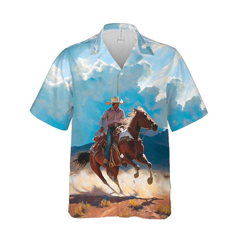 

Vintage Cowboy Pattern Hawaiian Shirt Men 3d Printing Horse Shirt Summer Casual Button Down Blouse Oversized Lapel Short Sleeves