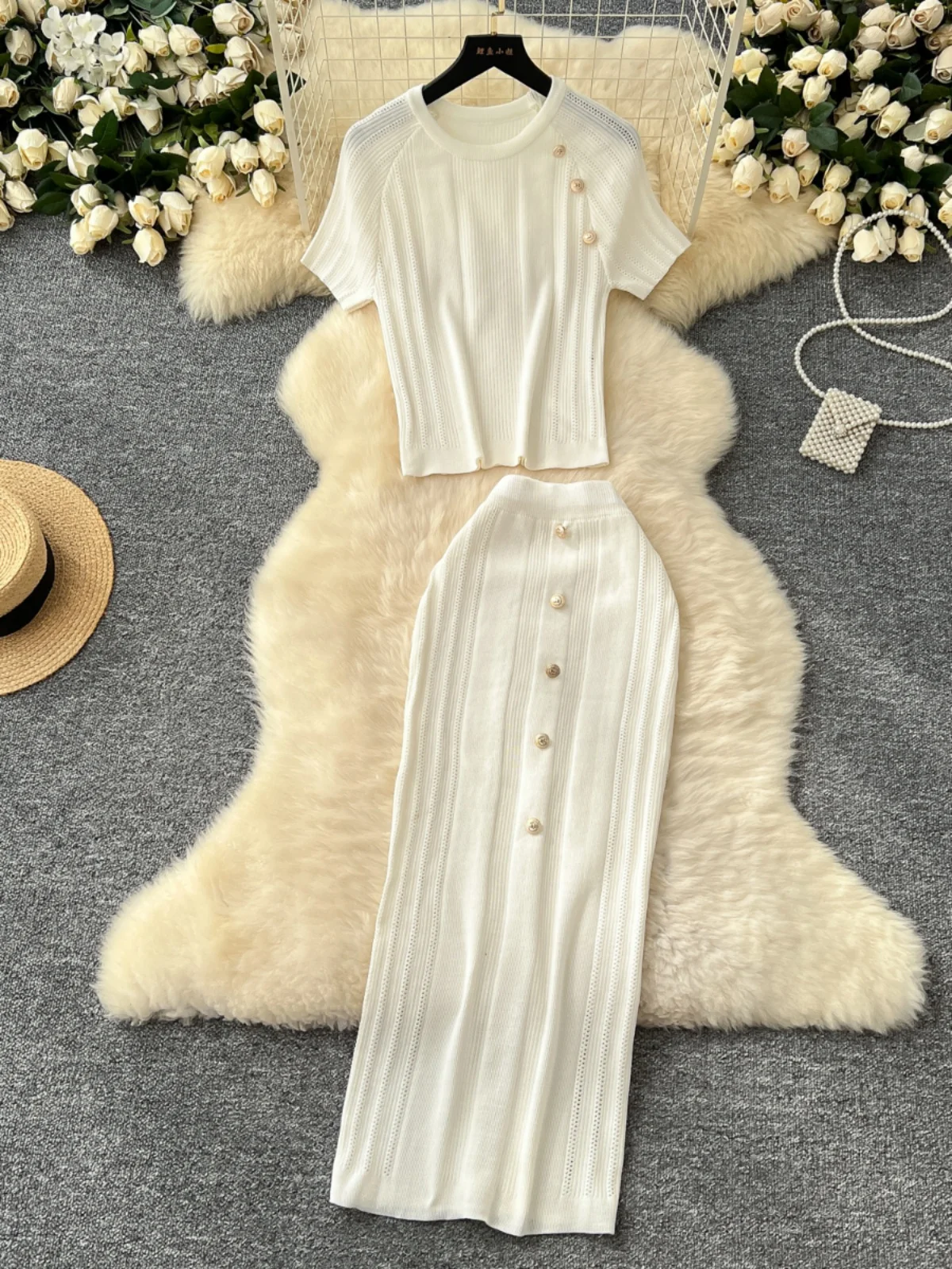 High-End Knitted ort-Sve round Ne Bodycon  Skirt Two-Piece Set for Young Women Commute Sle Winter Faion