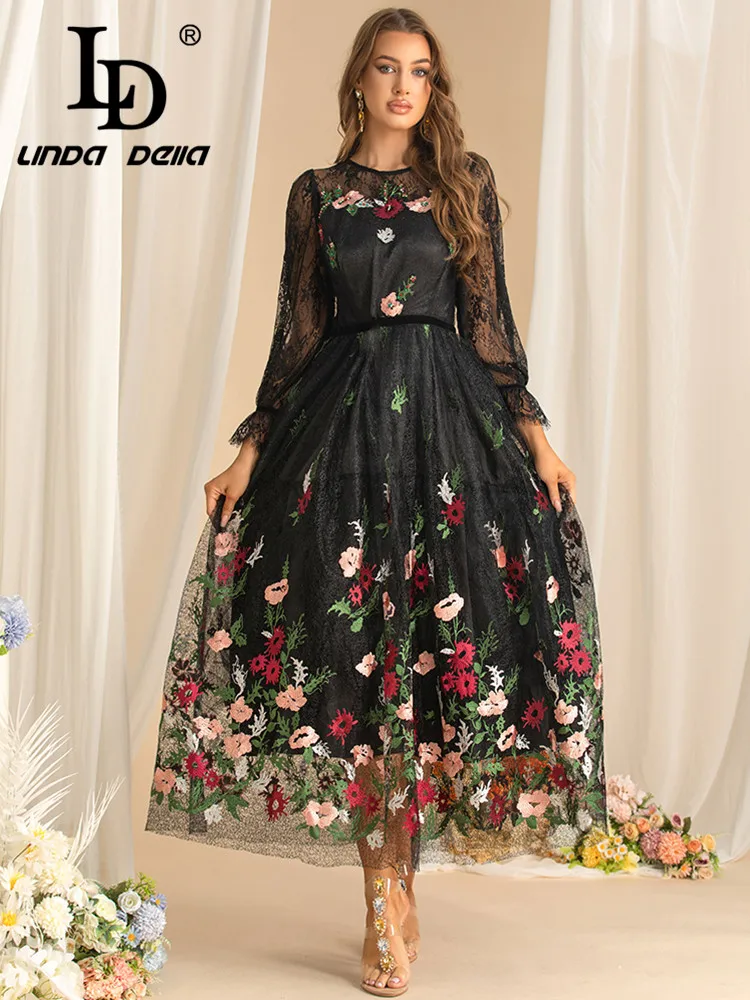 LD LINDA DELLA Autumn Fashion Dress Women High waist Mesh Embroidery Flare Sleeved Vintage Party Ball Gown Dresses