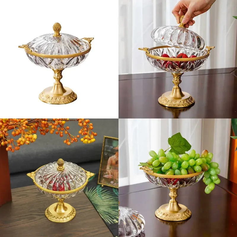 European Brass Crystal Glass Fruit Plate Vintage Floral Candy Bowl Living Room Home Decor Snack Tray Ornament