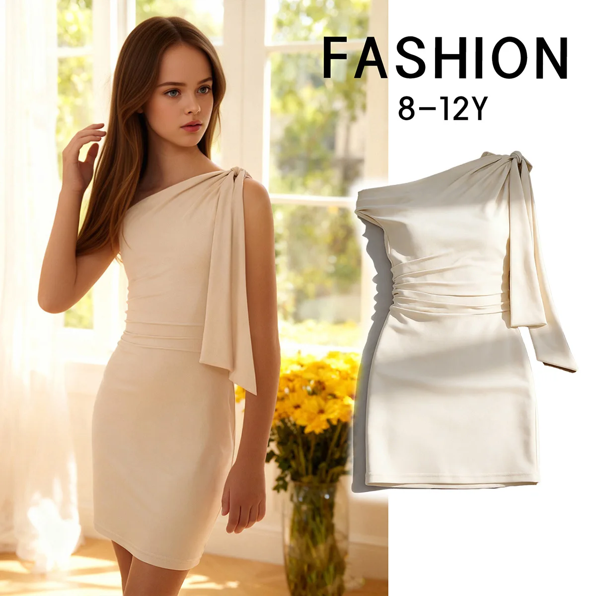 Summer Tween Girls Clothes One Shoulder Dress Elegant Ruched Waist Sleeveless Bodycon Dress Party Wedding Teen Fashion Clothing