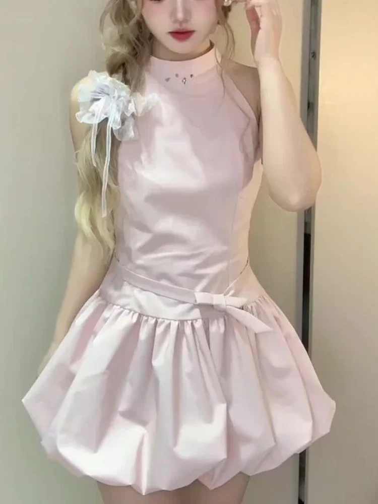 فساتين هاراجوكو للسيدات ذات رسن متين Y2k فستان حلو بحزام جمالي 2025 ملابس صيفية ضيقة مع رسن مطوي Vestitos