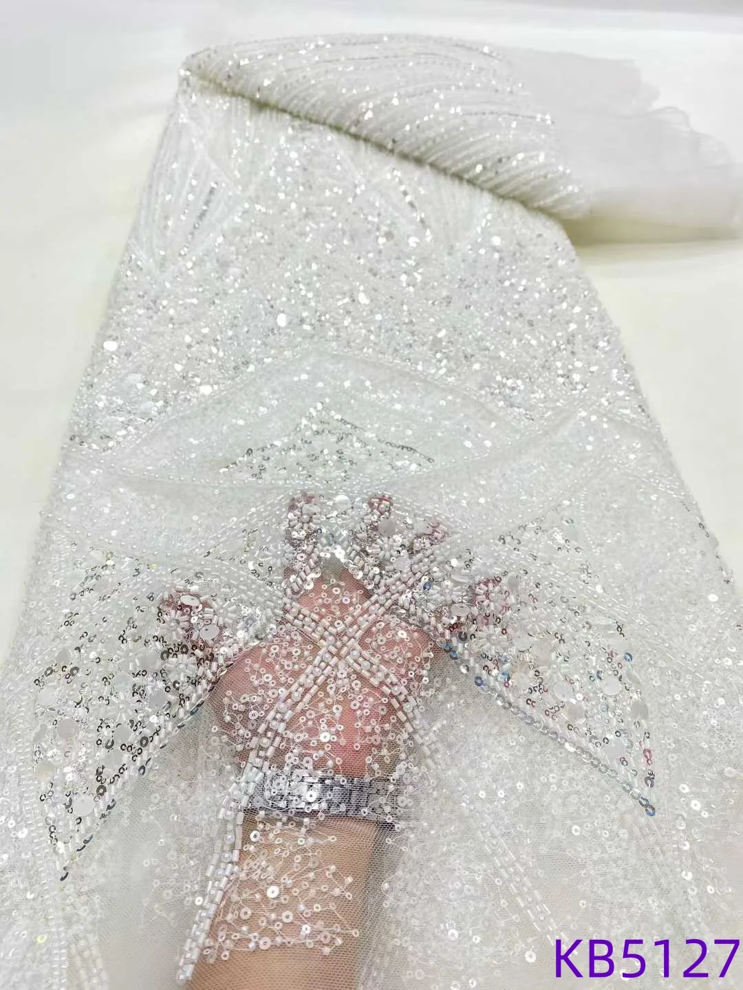 Pink Sequence Embroidery Fabric African Lace Fabric 5 Yards High Quality 2025 White Beaded French Mesh Lace For Sewing KB5127