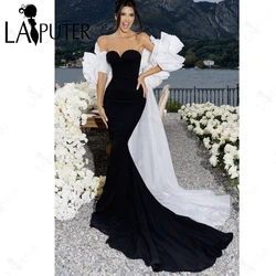 Black Full Mermaid Evening Dresses Off Shoulder Long White Ruffles Flowers Cape Train Women Formal Celebrity Gown 2024Sweetheart