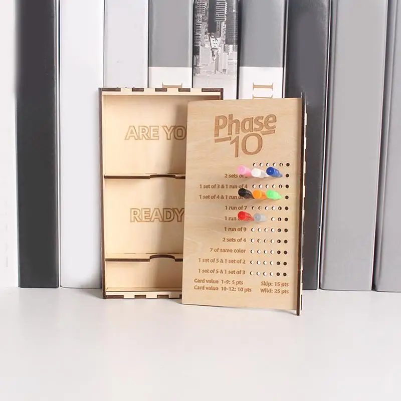 Fase 10 caixa de cartão placar cartas jogo portátil caixa de madeira com pontuação mantendo estacas coloridas caixa de jogo de tabuleiro de madeira para brinquedo da criança