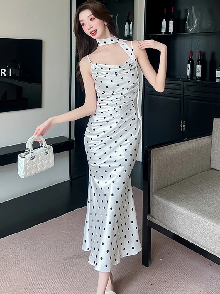 2025 الأبيض الساتان البولكا نقطة شيك حبال مثير فستان طويل الكورية خمر الفاخرة المرأة فستان الصيف أنيقة Bodycon فساتين السهرة