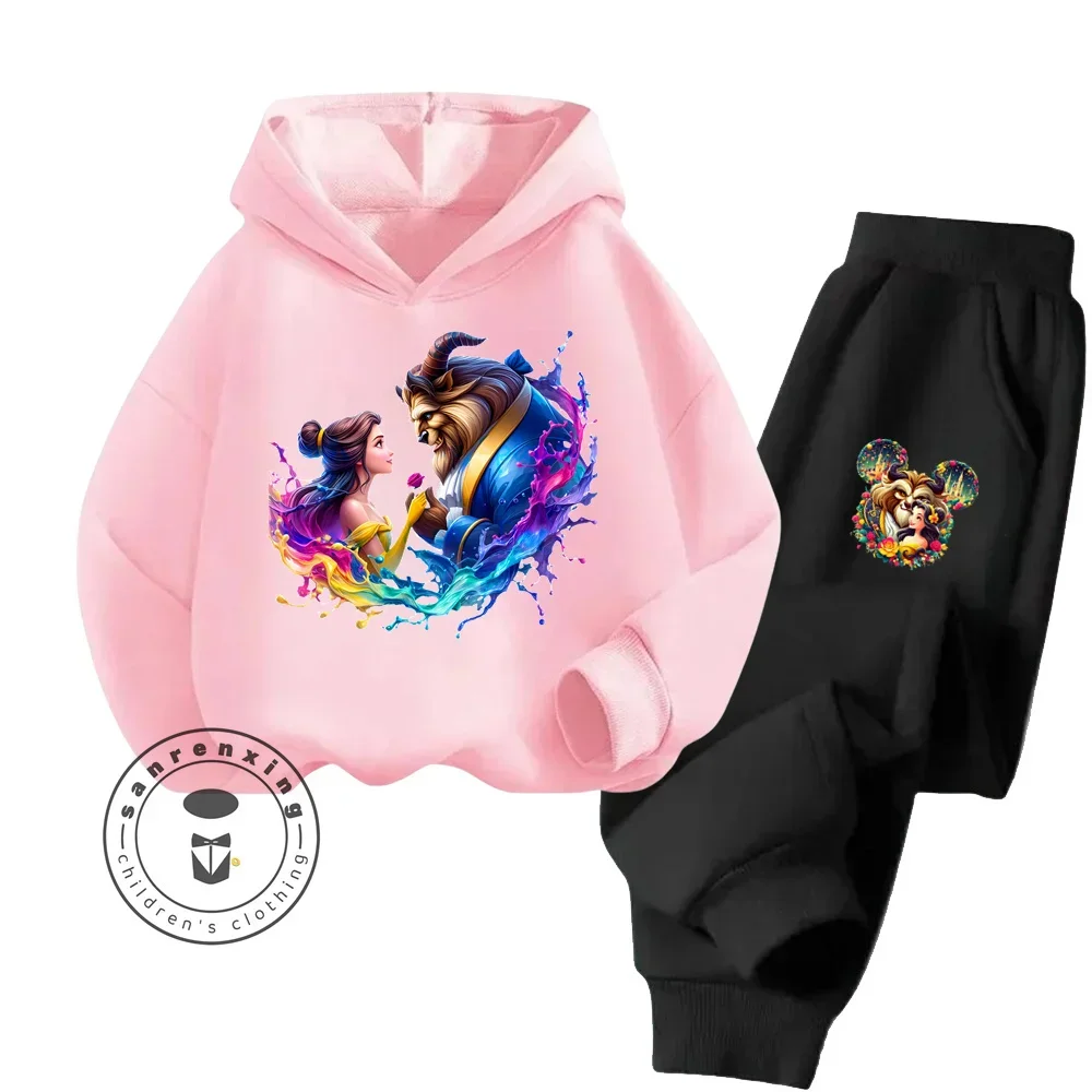 Comfy Chic Solid Color Spring Autumn Set Suitable for Kids Trendy Beauty and the Beast Disney Cartoon Playful Hoodie Tracksuit