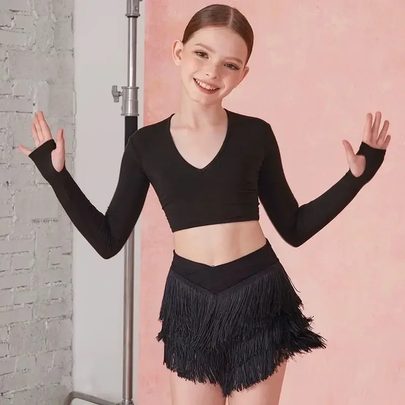 

Summer Grils Latin Dance Dress Set Clothes Black Long Sleeves Tops Fringe Skirt Kids Rumba Samba Dance Practice Training Dress