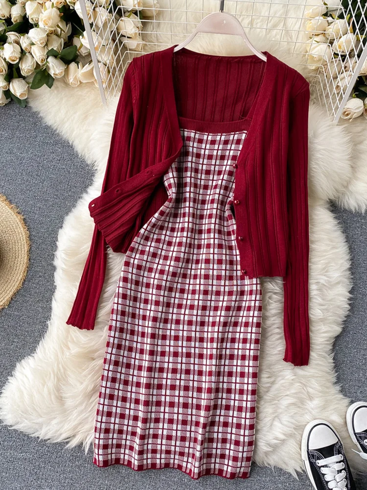 Elegant Dress Sets Women Spring Summer Y2k Cardigan +sleeveless Tank Dresses Korean Knitted Two Piece Set Chic Cute Outifits