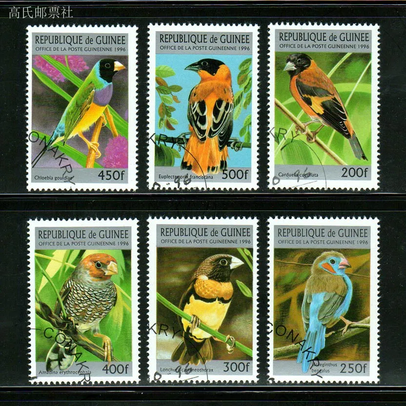 Sellos postales de Guinea Año 1996 Pájaros Red Goldfinch Red Chardonnay Blue Finch Castaño Pecho Pájaro 6 Sellos postales coleccionables usados