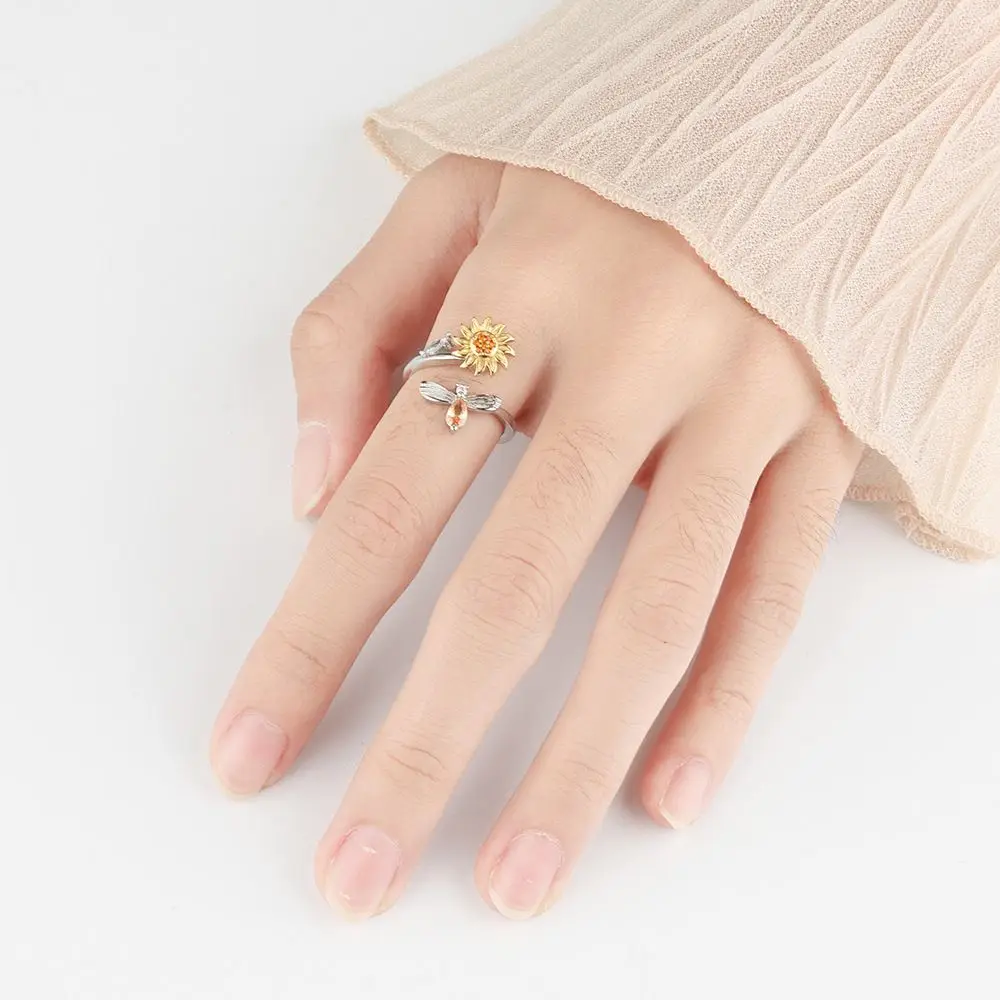Crystal Fashion Sunflower Adjustable Rotate Freely Anti-stress Finger Ring Rotating Ring Spinning Anxiety Ring