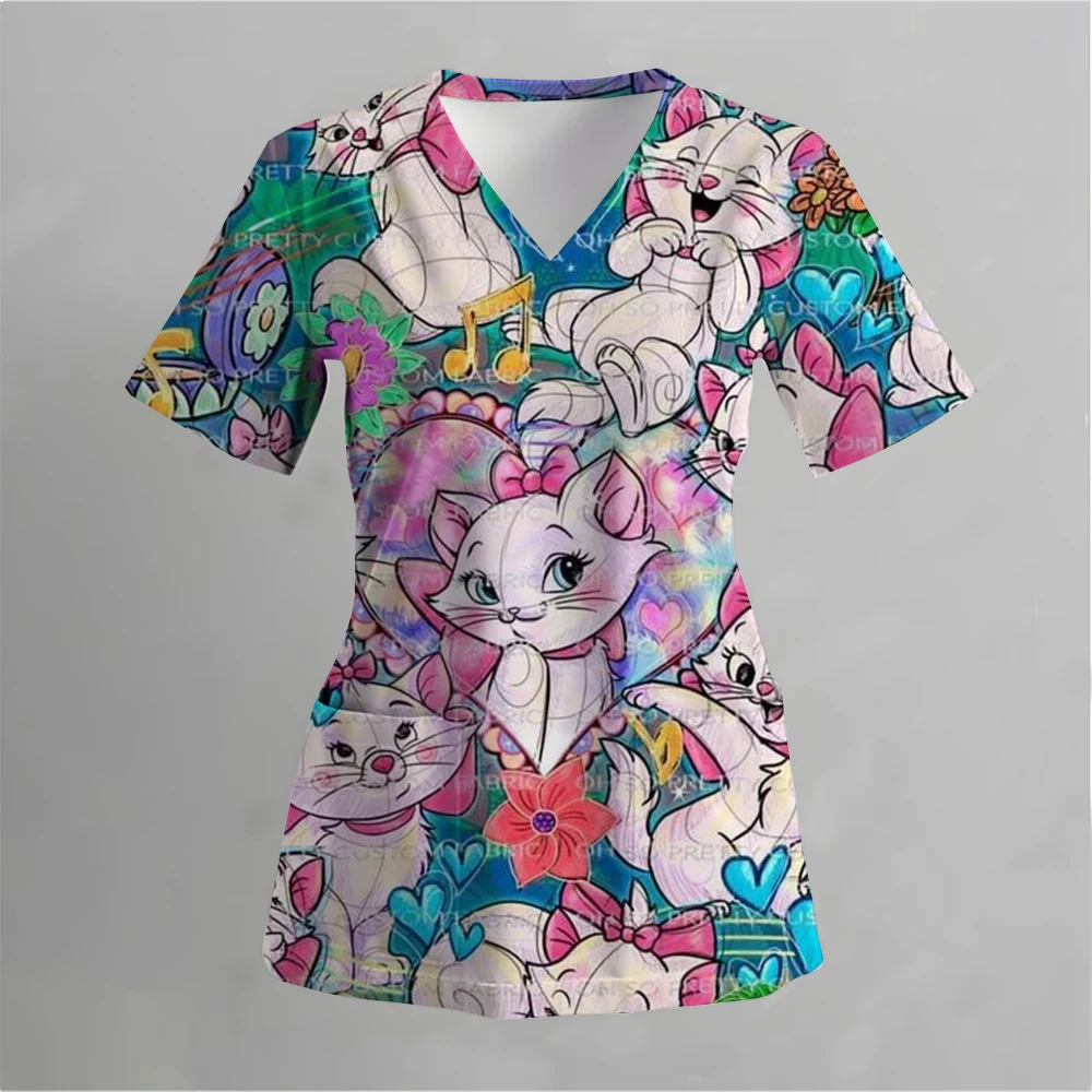 2024 Summer Disney Pet Mary Cat Pink Printed Matte Top Pet Shop Medical Uniform Nurse V-neck Shirt Women's Nurse Top