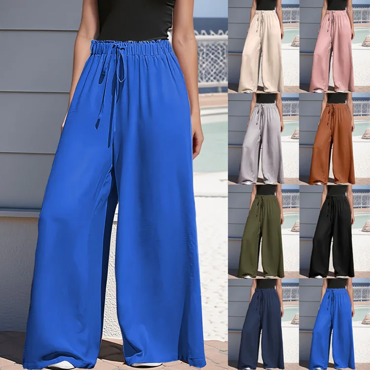 

2026 Women's Four Seasons New Style Fashionable and Comfortable Solid Color Versatile Drawstring Wide Leg Casual Pants for Women