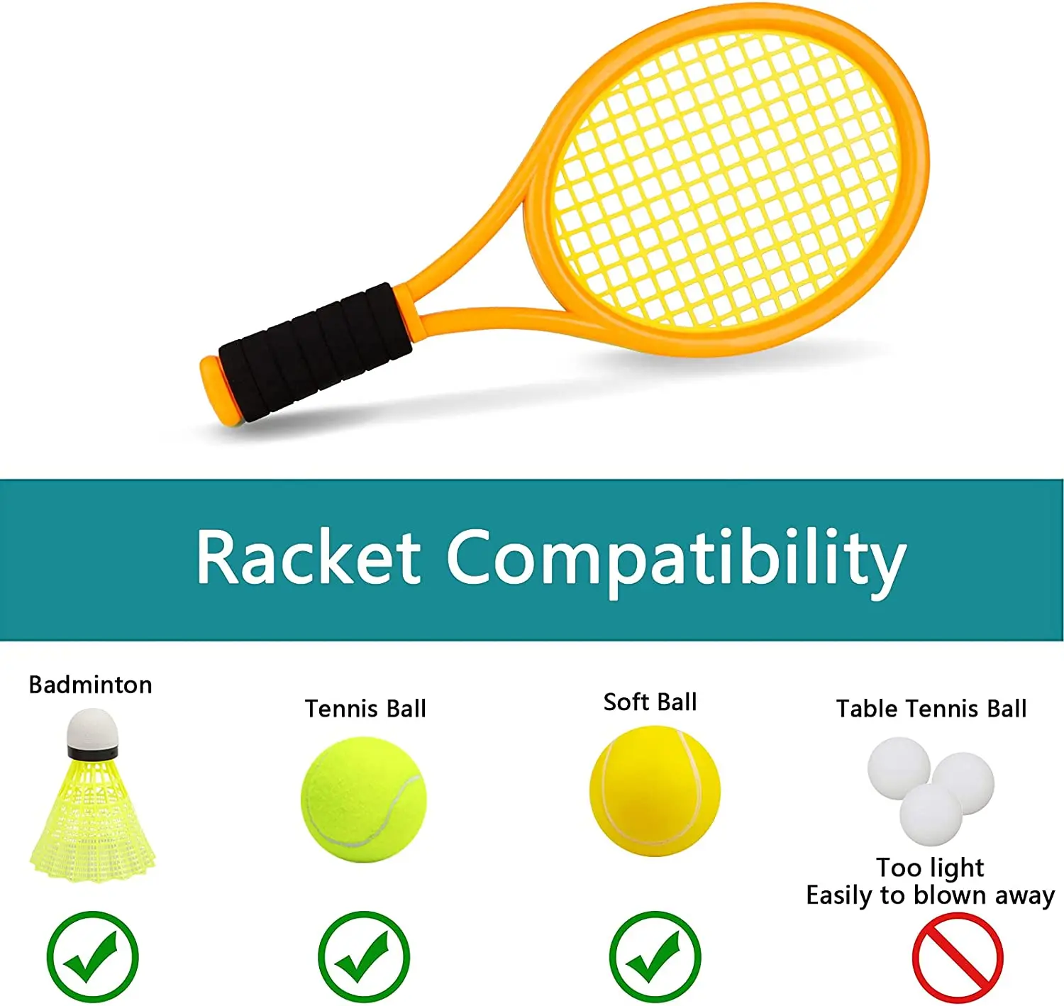 Plastic tennis racket with 2 balls for children, indoor and outdoor play, 17 inches