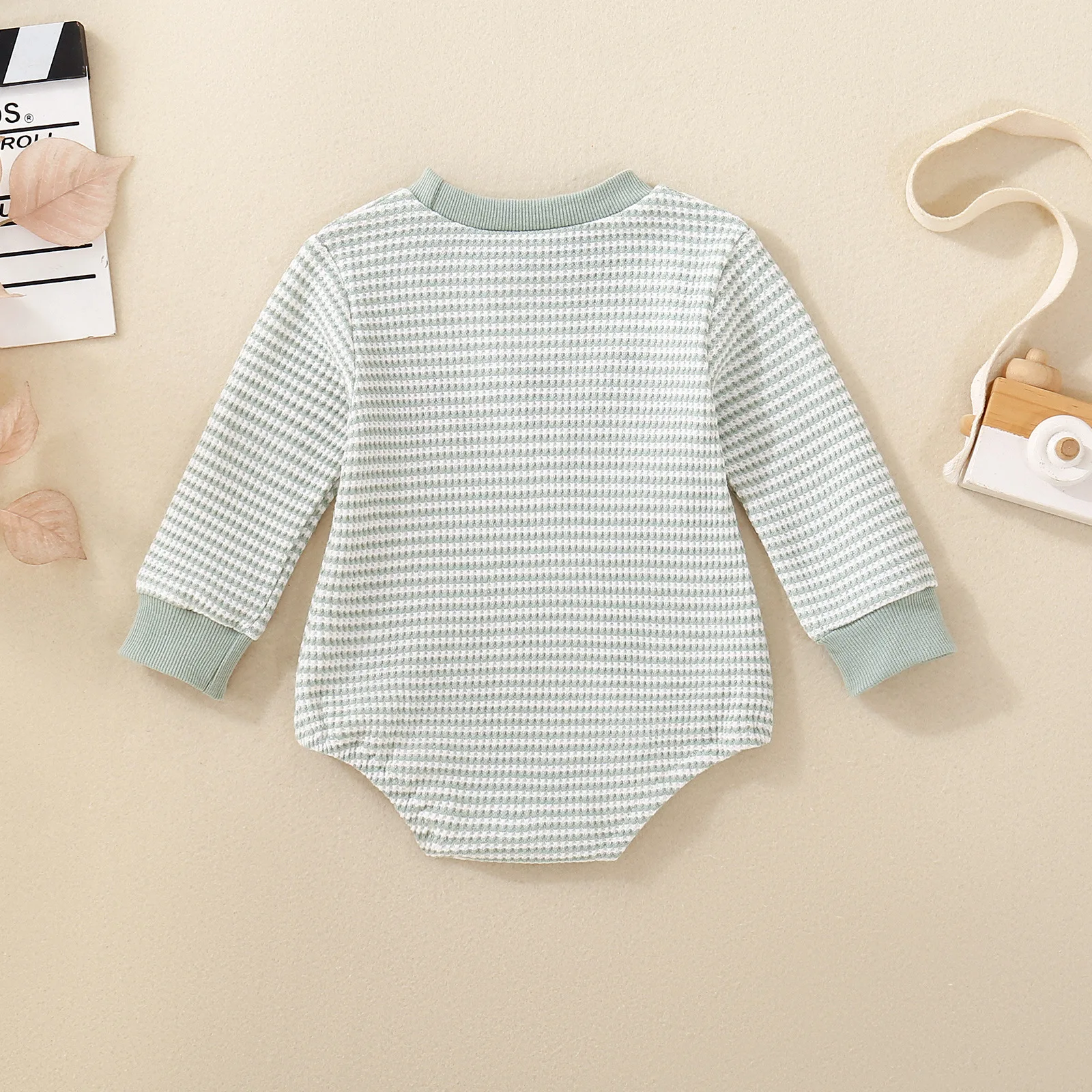 Autumn Neutral Infant Green Waffle Striped Three Birds Towel Embroidery Long Sleeve Romper Casual