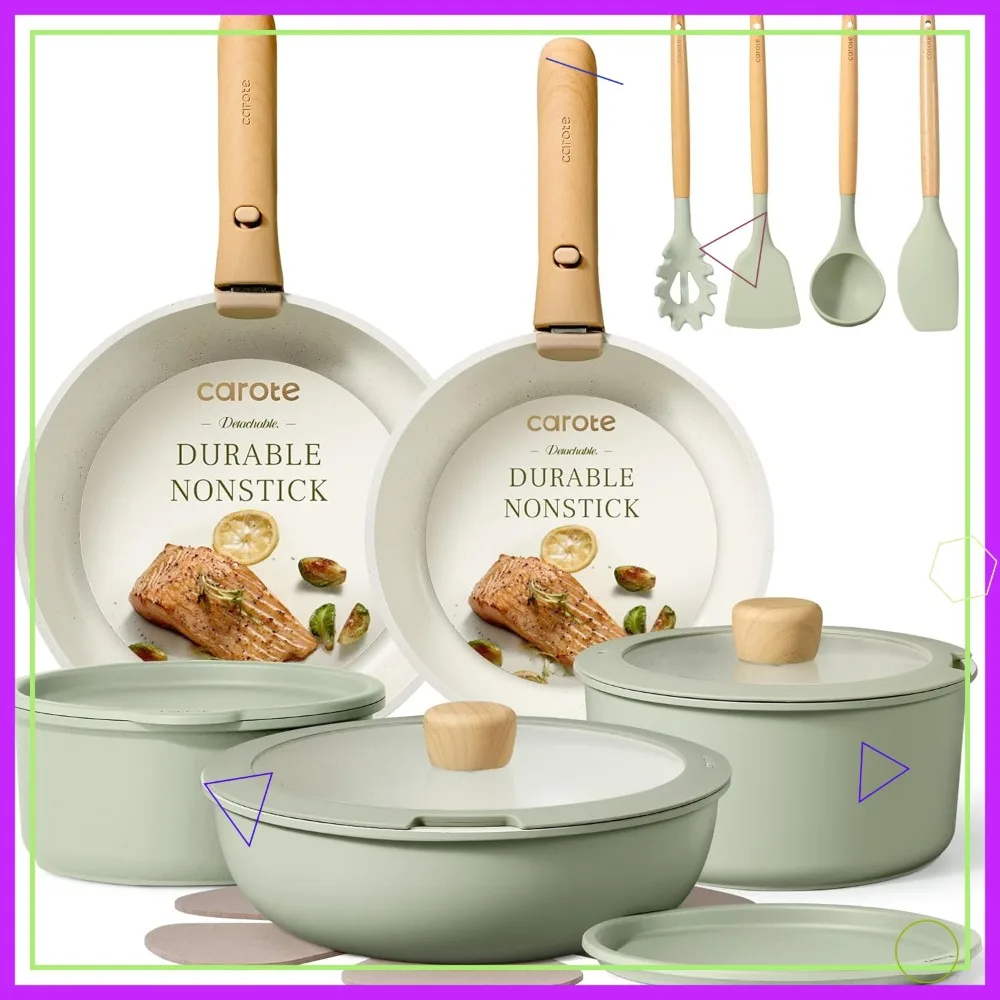 

Набор посуды с антипригарным покрытием из 19 предметов со съемными ручками, безопасными индукционными кухонными кастрюлями и сковородками в духовке цвета шалфейно-зеленого цвета