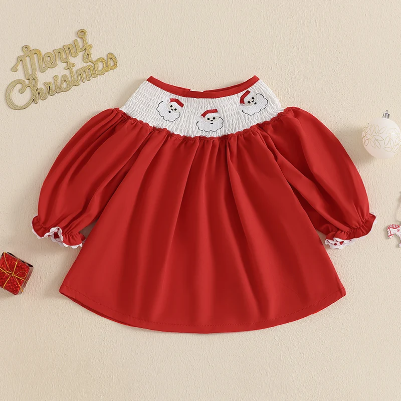 Little Girl Christmas Dress Shirred Santa Claus Embroidery Round Neck Ruffle Sleeve Dress For Daily School Party 6 M-4 T