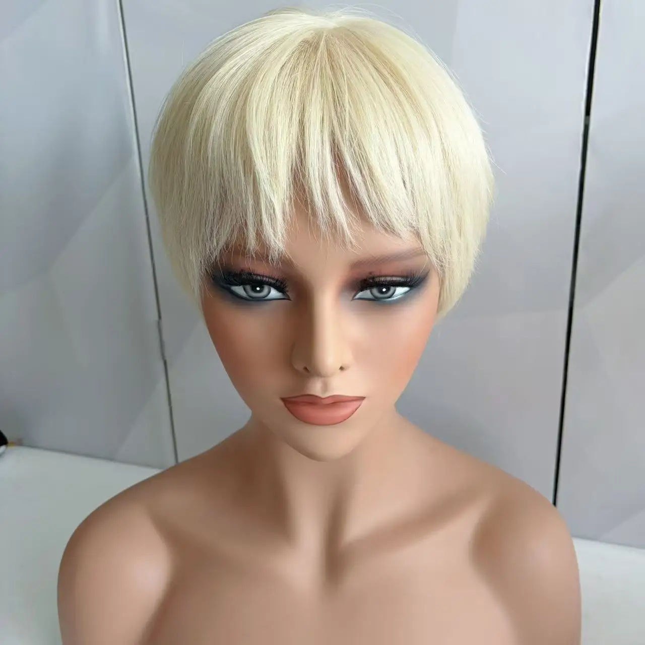 Full Hand Tied Ice White Short Pixie Cut Wig Silk Base Top 100% European Human Hair Wigs for Women