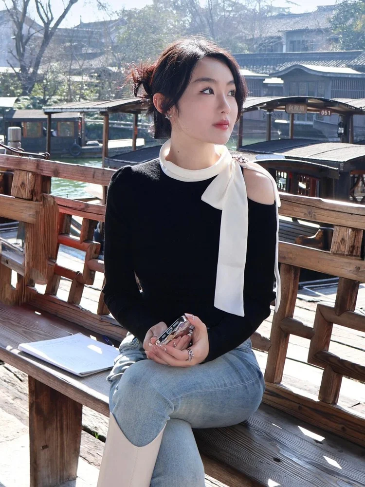 

oulder Bared Knitted Sweater with Knot Slim Fit Versatile Autumn New Sle Commute Simple Design Long Sve roun...