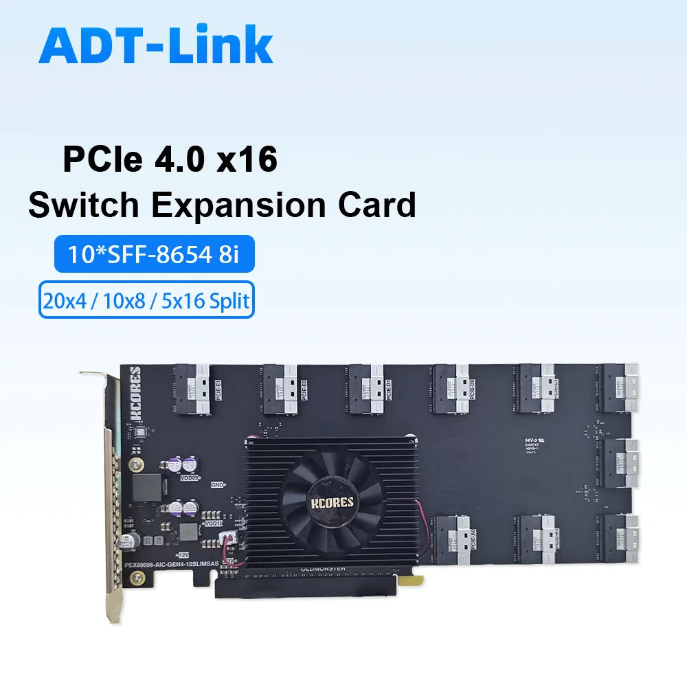 

PCIe 4.0 X16 Switch Expansion Card 10x SFF-8654 8i SlimSAS U.2 NVMe SSD AI GPU Broadcom PEX88096 20x4/10x8 /5x16 Lane Splitting
