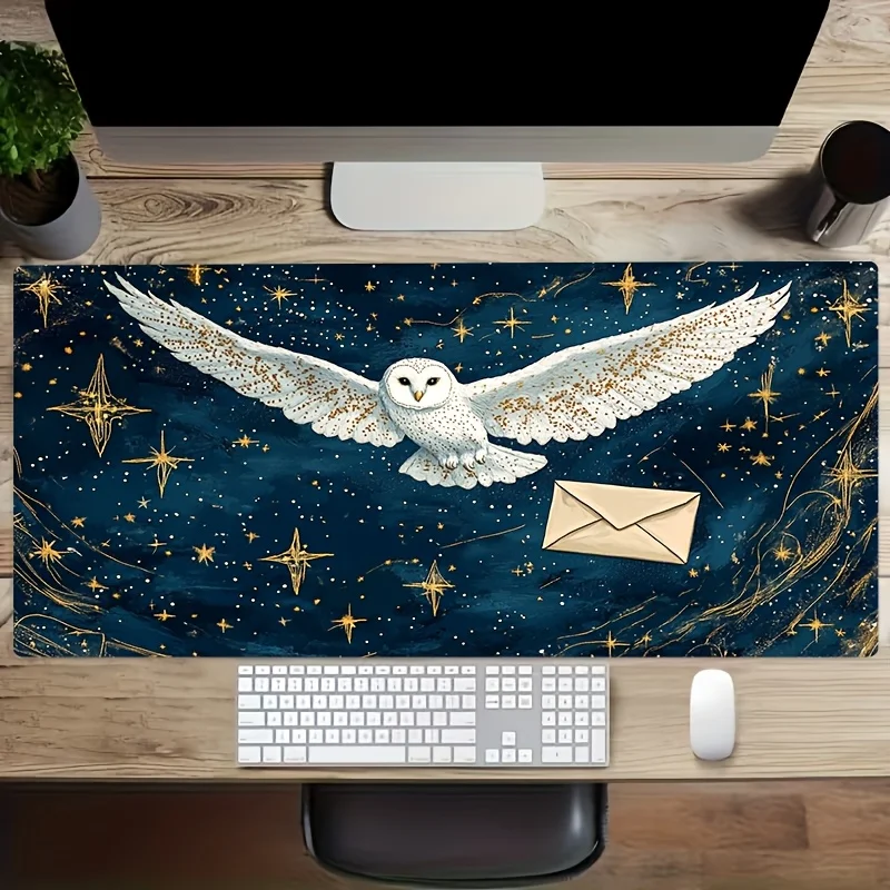 The Large White Owl And Golden Star Light-Themed Mouse Pad with an Envelope Illusion Is The Perfect Gift Choice for Gamers, Featuring an Extra-Large Desk Mat