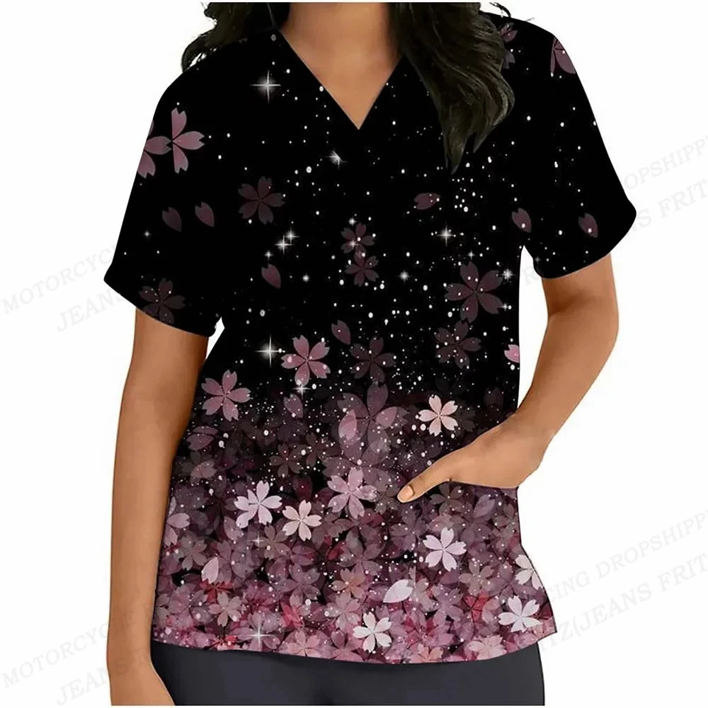 

Flower Nurse Uniform Animal Cat Print V-Neck Pocket Medical Uniforms Cartoon Nursing Scrub Tops Workwear Female Uniforme Floral