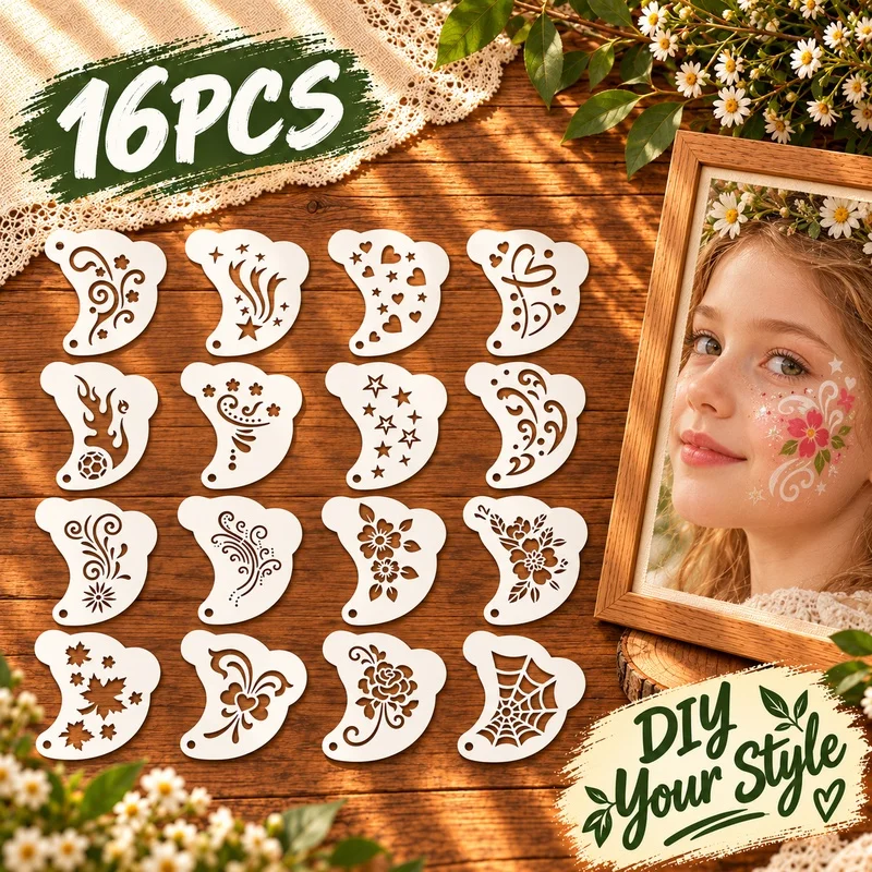 16Pcs Face Painting Stencils Reusable PET Body Art Templates for Kids Party Festival Glitter Makeup Face Paint DIY Crafts