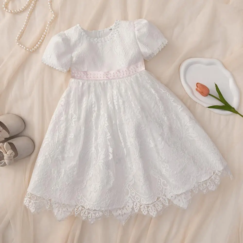 

New White Lace Bubble Sleeves Sweet and Cute Dress for Girls, Kindergarten Birthday Party Wedding Flower Girl Evening Dress