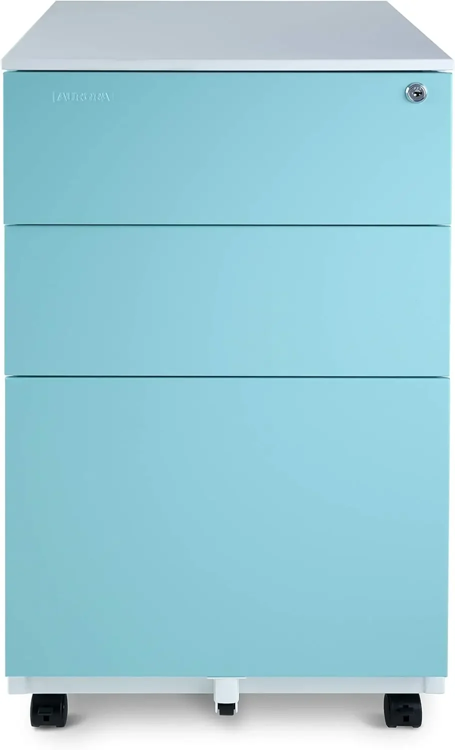 Mobile File Cabinet 3-Drawer Metal with Lock Key Sliding Drawer, White/Aqua Blue, Fully Assembled, Ready to Use