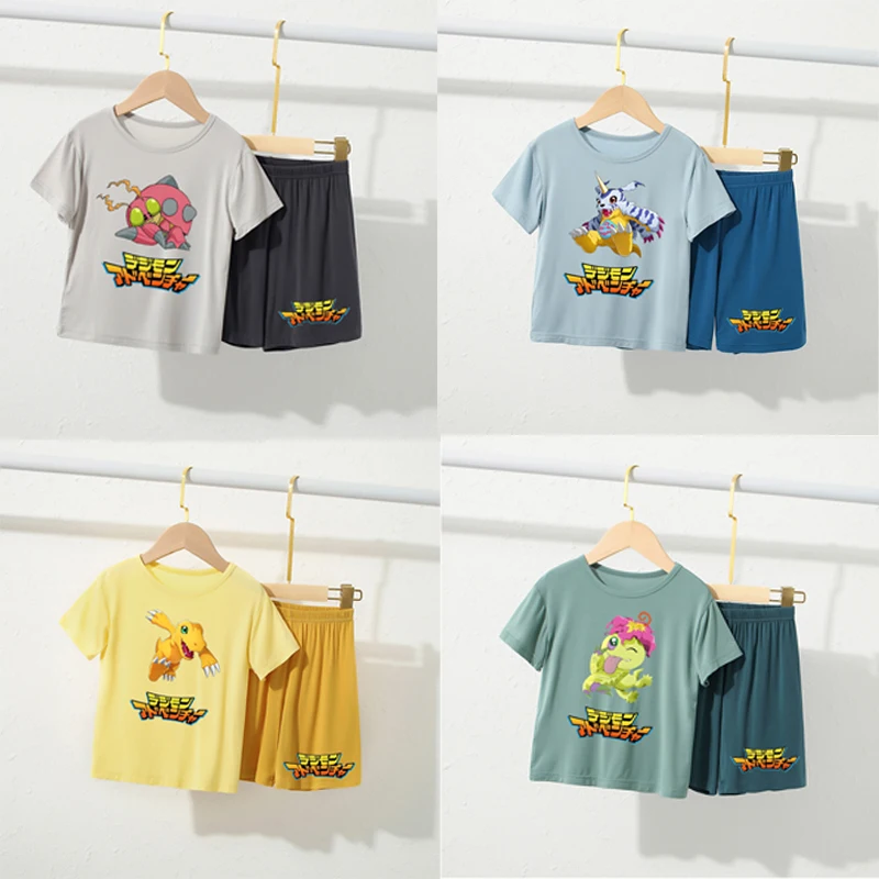 Digimon Adventure Agumon Gatomon Togemon Gomamon, conjunto de ropa para el hogar para padres e hijos, pijamas informales finos de manga corta Modal para niños