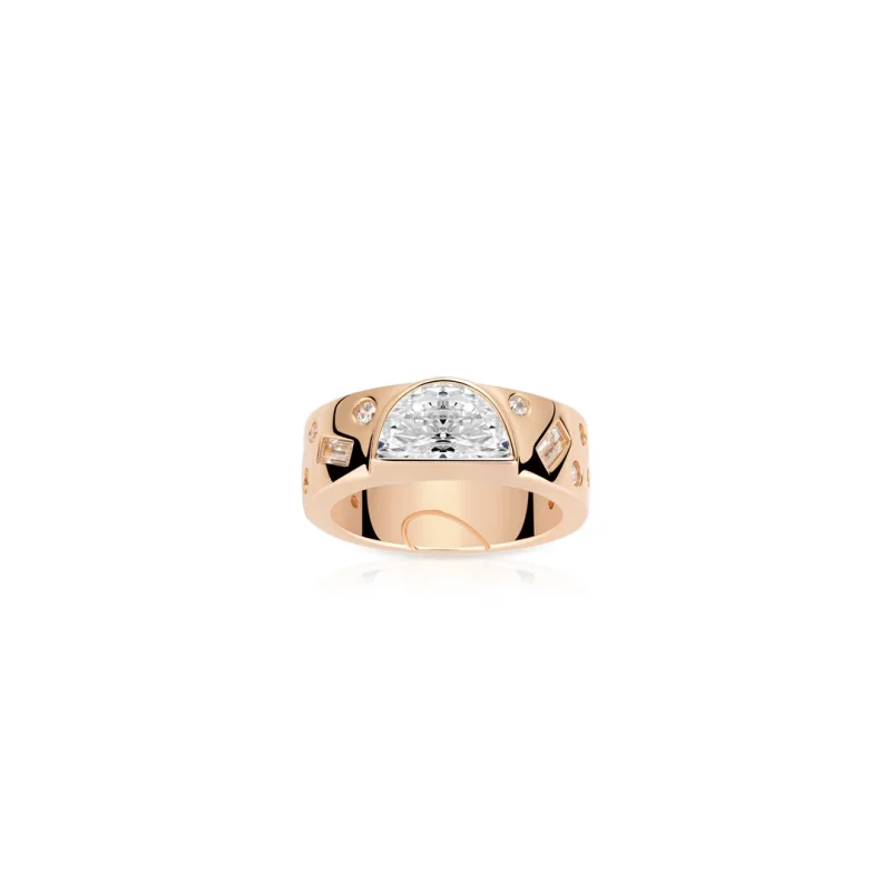 BELLUX 925 Silver Gold Plated Rings Half Moon Cut Cubic Zirconia Geometric Two Tone Bold Chunky Design Fashion Couple Ring