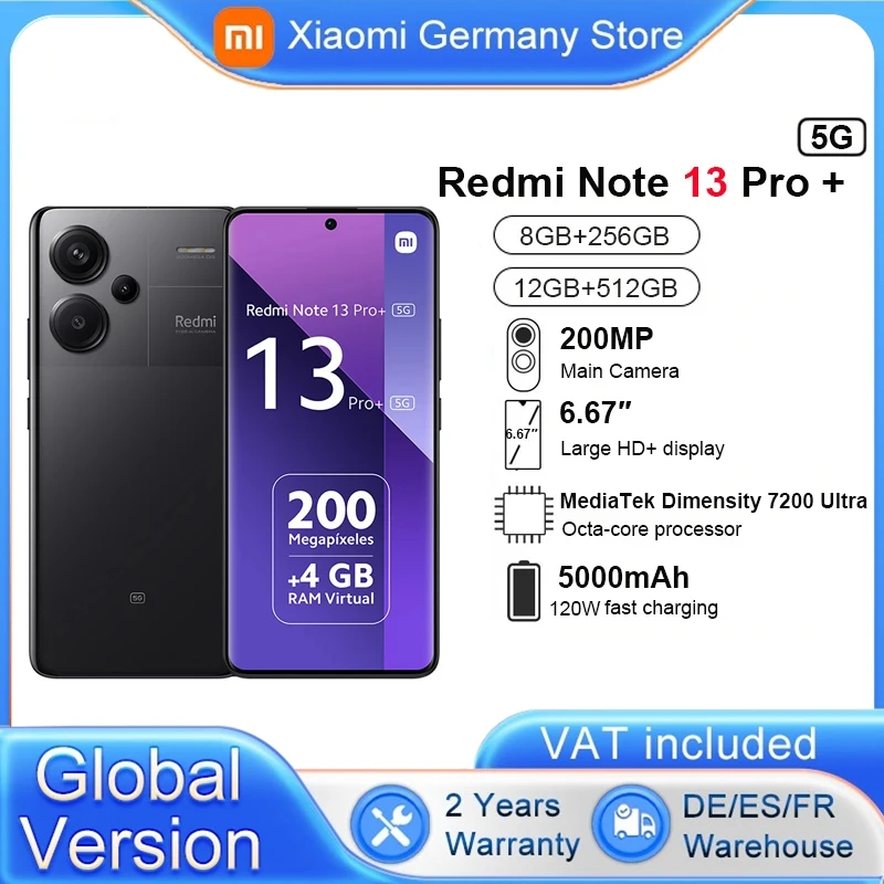 Global Version Xiaomi Redmi Note 13 Pro Plus 5G Smartphone 120W Hyper Charge MTK Dimensity 7200-Ultra 200MP Camera NFC